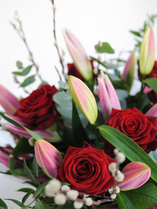 Elegant Valentine Rose and Lily Handtied